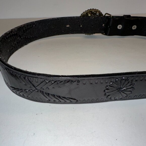 B-Low The Belt Black Leather Rhinestone Embossed Boho Belt Size 34 Floral Buckle - Picture 4 of 8